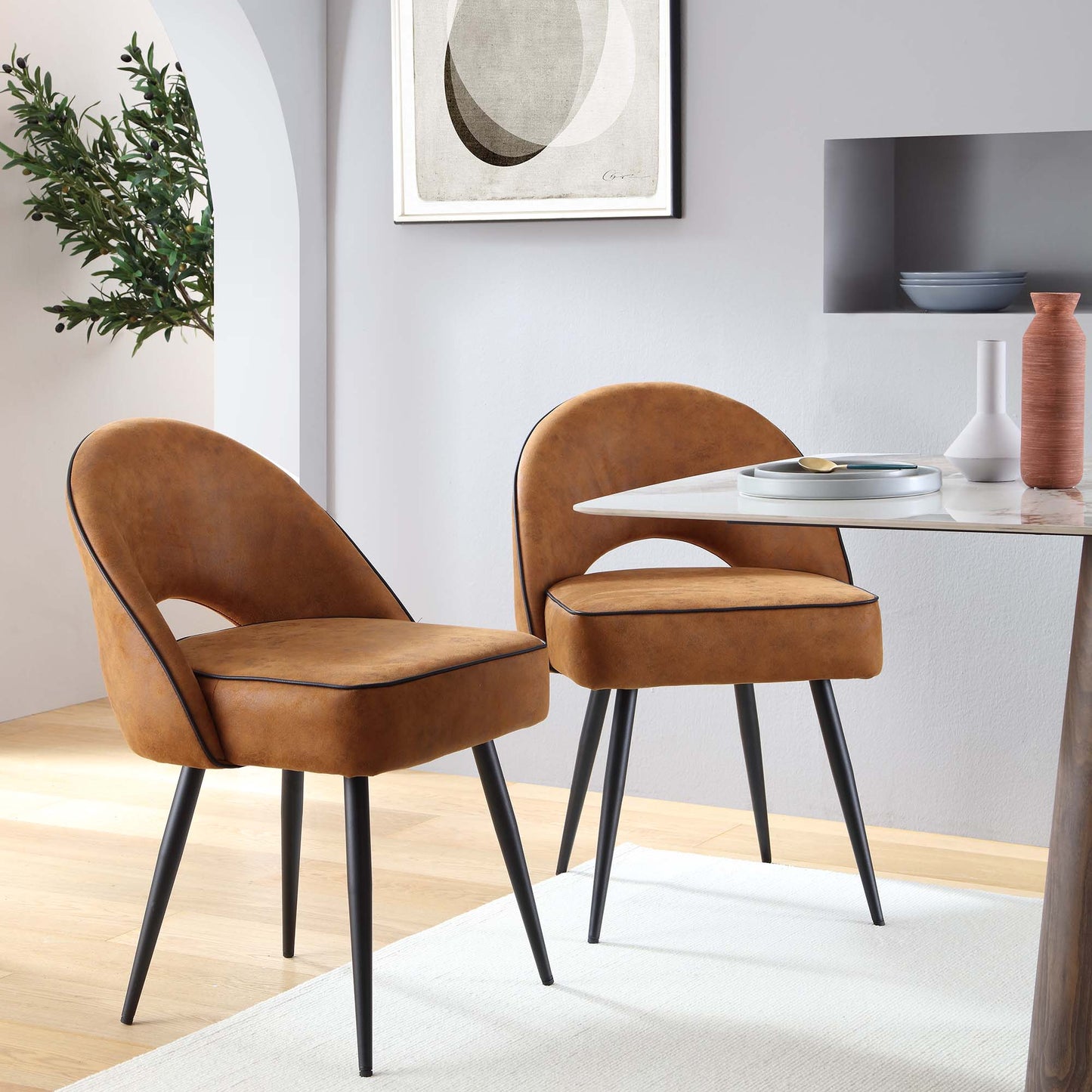 Oakley Set of 2 Cognac Colour Vegan Leather Upholstered Dining Chairs with Piping